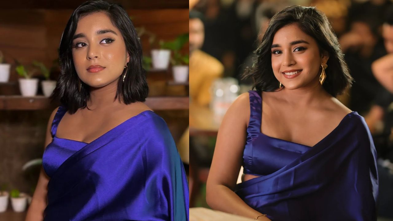Kavya Actress Sumbul Touqeer Turns Heads In A Stunning Blue Satin Saree With Sleeveless Blouse 910831
