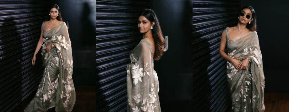 Keerthy Suresh Stuns in Grey Floral Saree-Elevates Ethnic Fashion to New Heights 915505