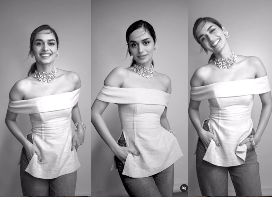 [Photos] Manushi Chhillar Dazzles In Off-Shoulder Top And Jeans With Gleaming Jewelry Set 912045