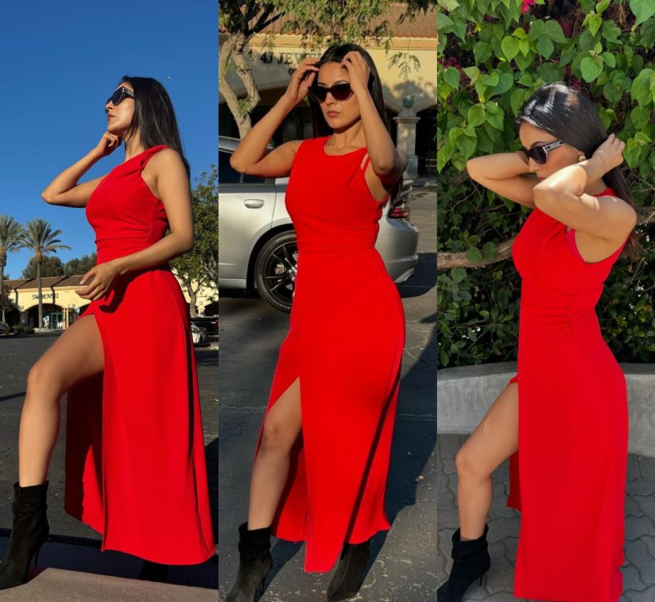 [Photos] Shehnaaz Gill Paint The Town Red In Thigh-High Slit Gown With Black Boot Heels 910503