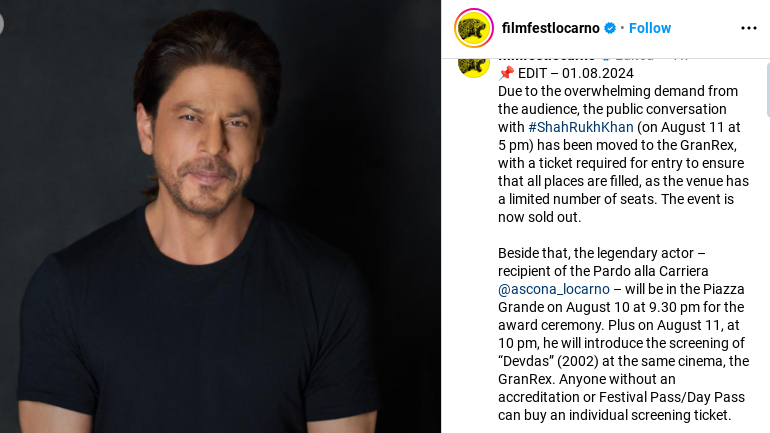 SRK to Engage in a Public Conversation at Cinema GranRex on August 11 After Jetting Off to Switzerland for Locarno 912368