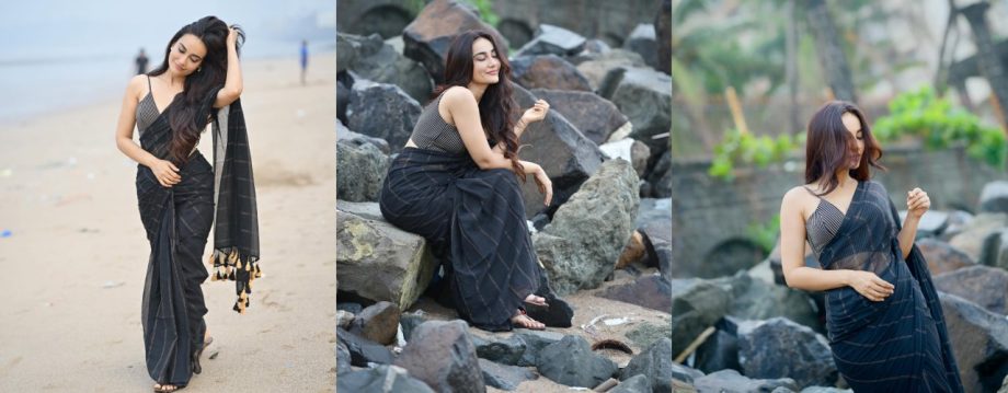 Surbhi Jyoti Looks Breathtaking In Black Printed Saree With Spaghetti V-neckline Blouse 916188