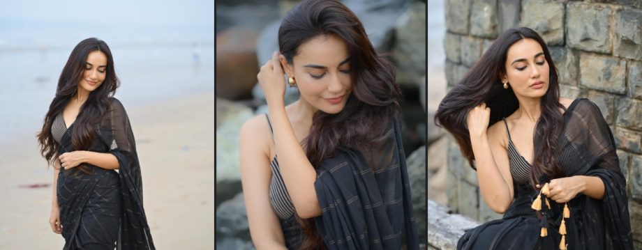 Surbhi Jyoti Looks Breathtaking In Black Printed Saree With Spaghetti V-neckline Blouse 916187