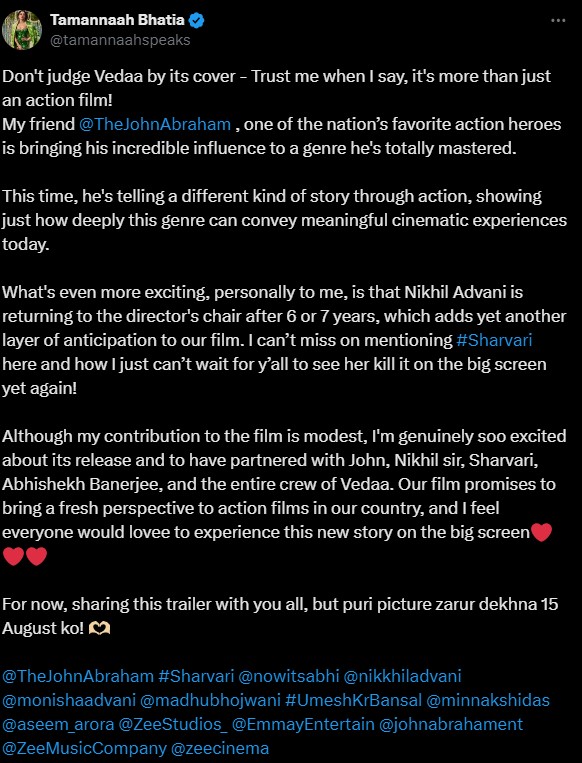 Tamannaah Bhatia backs John Abraham lashing out at a journalist for calling 'Vedaa' just 'another action film' 911063