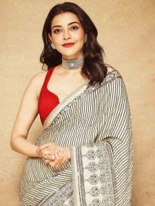 Kajal Aggarwal Ethereal Look In White and Red Ajrakh Striped Zari Saree