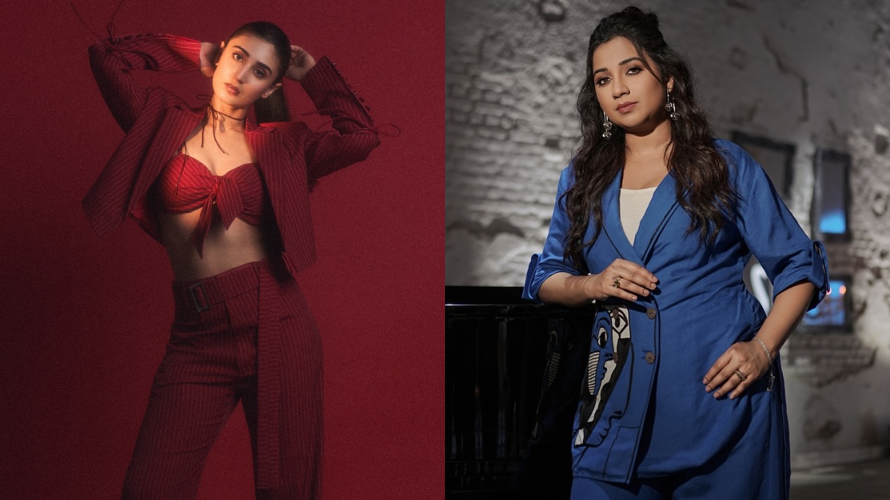 Coat Clash: Shreya Ghoshal's Cool Blue Meets Dhvani Bhanushali's Fiery Red on the Fashion Front 923561