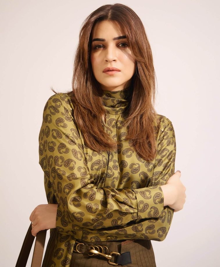 Kriti Sanon Rocks the Earthy Chic Look with Olive Green Shirt and Brown Skirt Combo 934941