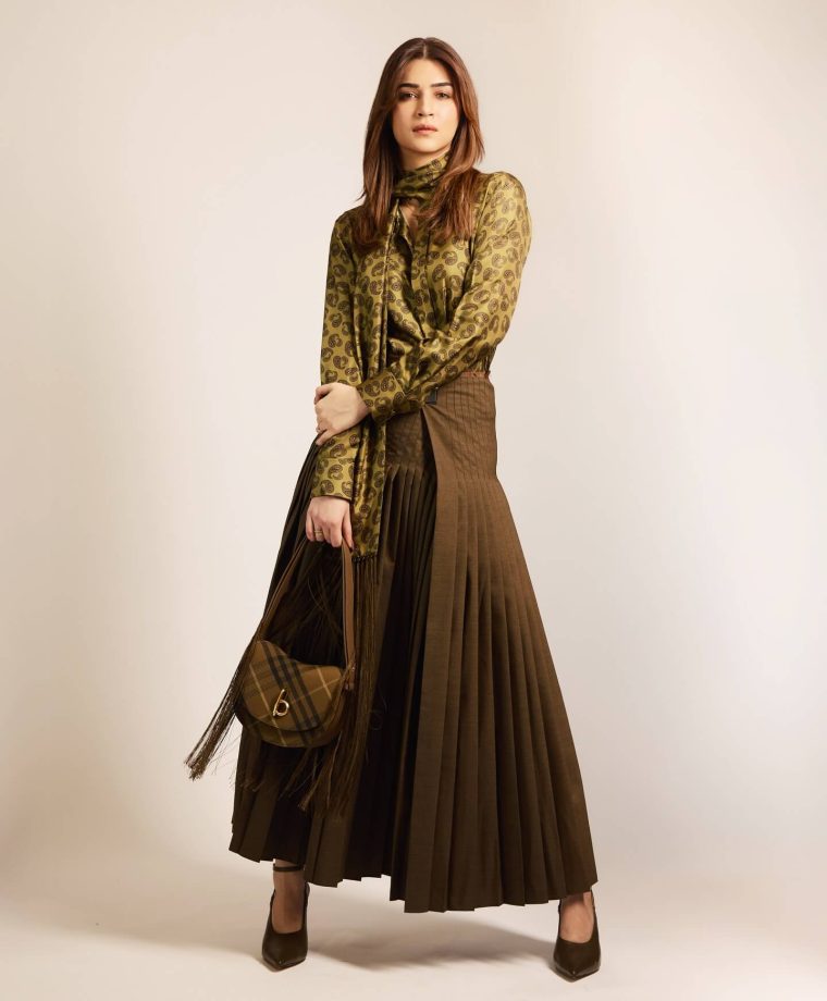Kriti Sanon Rocks the Earthy Chic Look with Olive Green Shirt and Brown Skirt Combo 934942