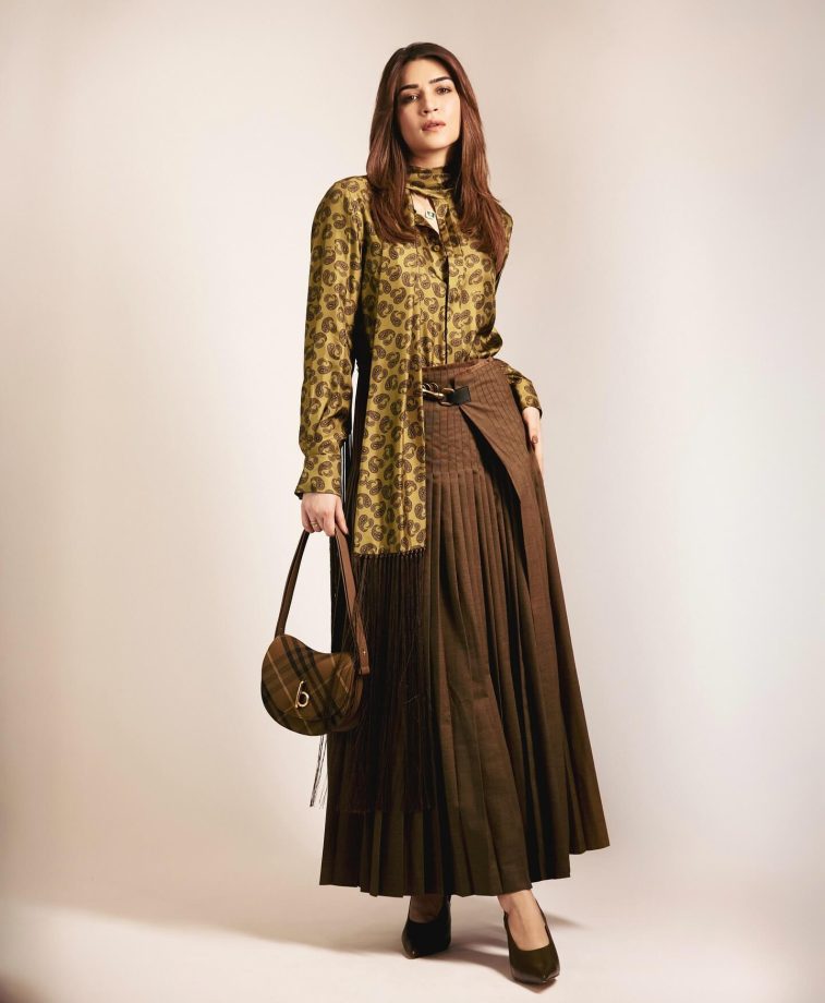 Kriti Sanon Rocks the Earthy Chic Look with Olive Green Shirt and Brown Skirt Combo 934943