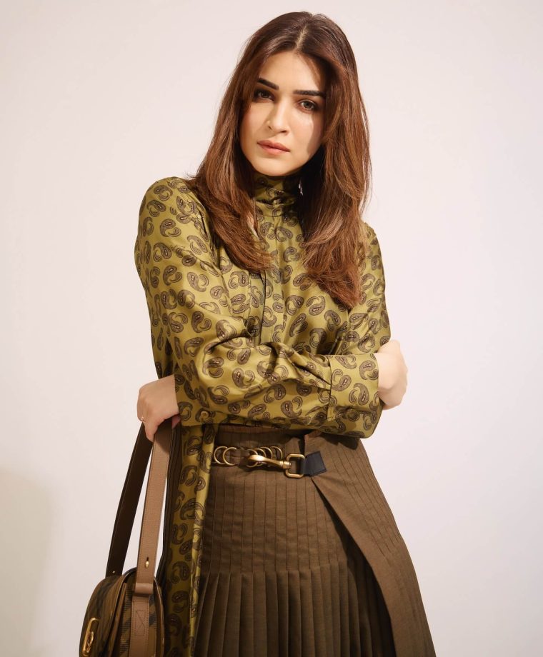 Kriti Sanon Rocks the Earthy Chic Look with Olive Green Shirt and Brown Skirt Combo 934940