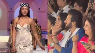 Chum Darang blows kisses to Karan Veer Mehra during her walk at Lakme Fashion Week