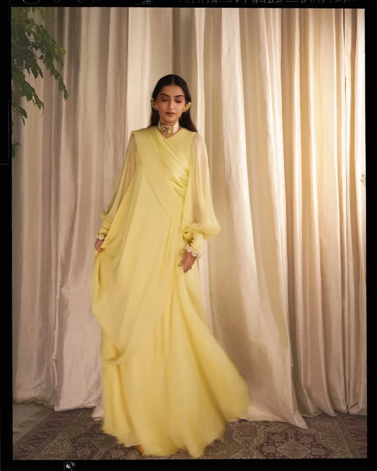 Sonam Kapoor Awes in a Light Yellow Saree-Inspired Maxi Dress 940601