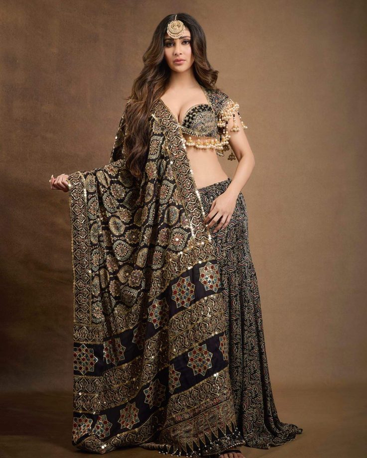 In Photos: Mouni Roy Slays Fusion Fashion In Sultry Black Ajrakh Saree-Lehenga Look 944410