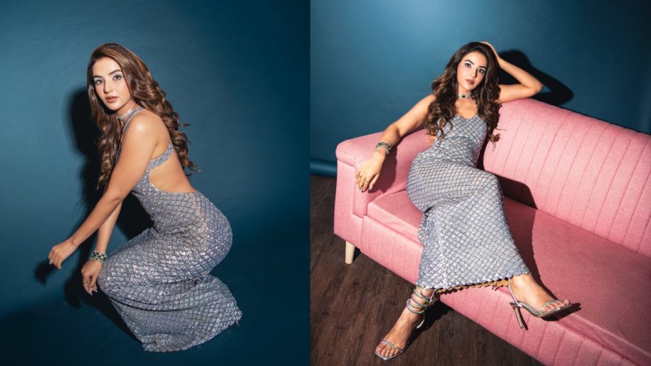 Jasmine Bhasin Stuns in a Shimmering Silver Bodycon Gown 944128