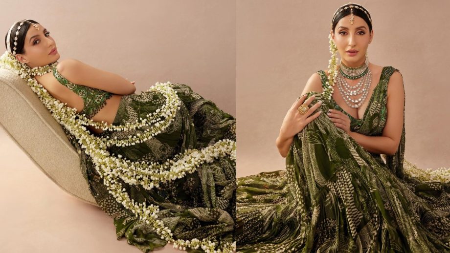 Nora Fatehi Stuns in Black Olive Saree with a Regal Twist 943993