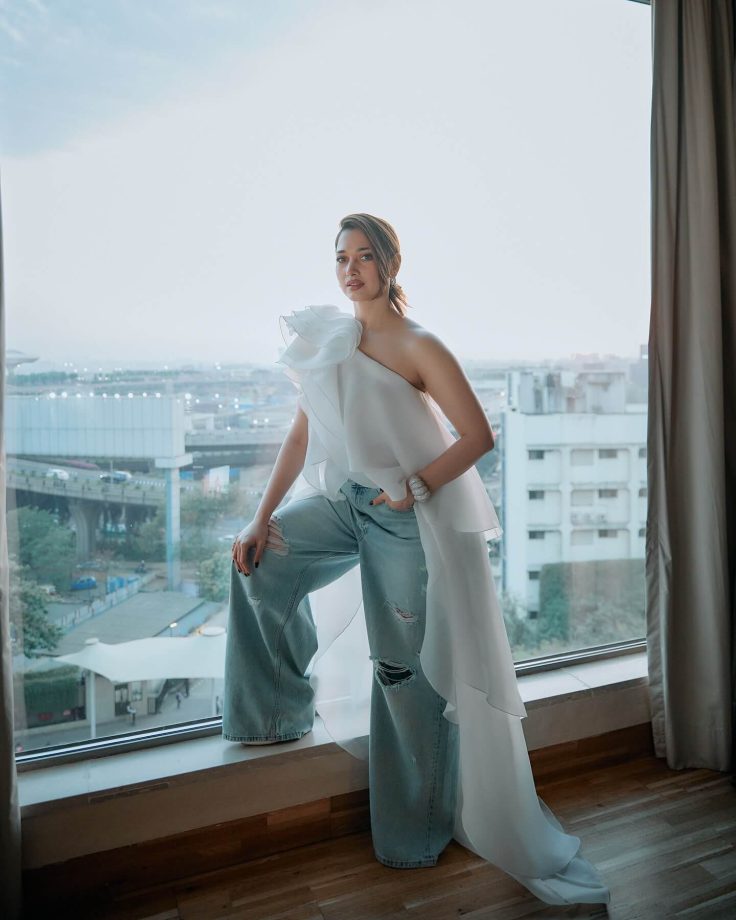 Tamannaah Bhatia Keeps It Chic in a One-Shoulder Top and Baggy Jeans 944212