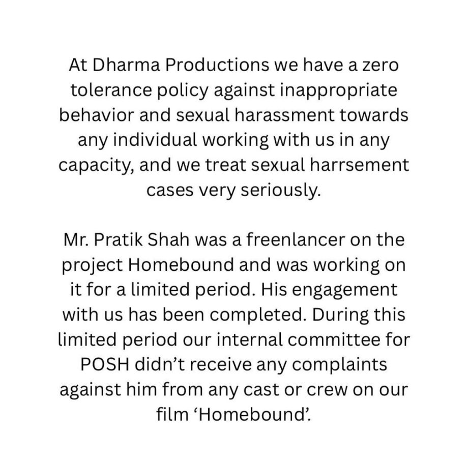 Dharma Productions statement on sexual misconduct allegations against 'Homebound' cinematographer Pratik Shah 950184