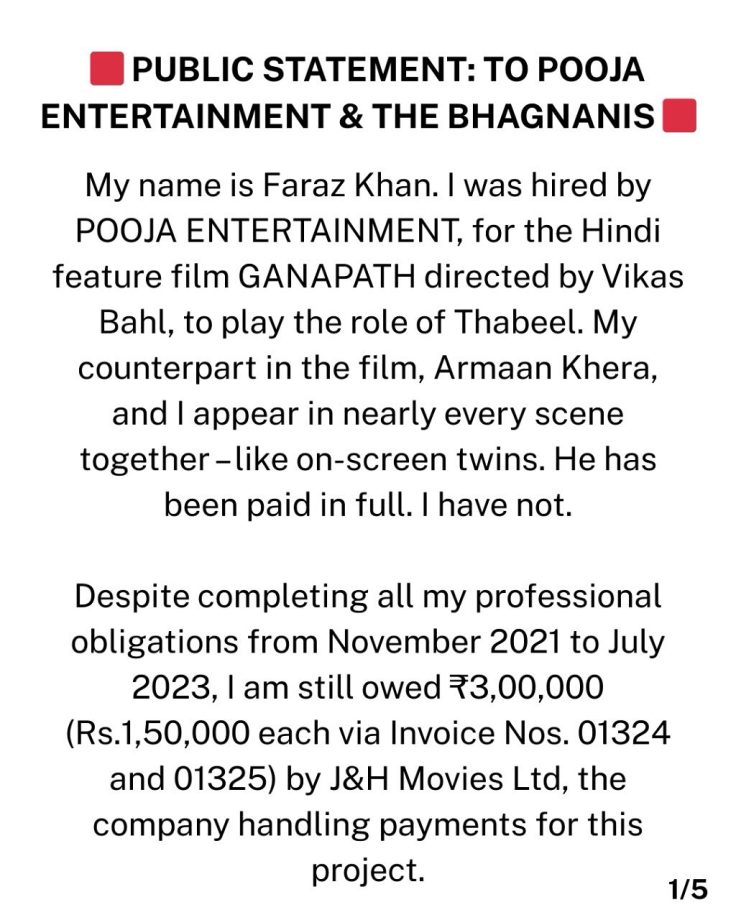 Ganapath’s Faraz Khan’s Big Allegation On Pooja Entertainment Over Payment Issues; Will Take LEGAL Action 948985