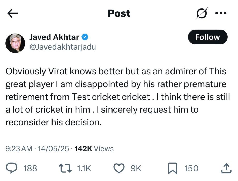 Javed Akhtar Appeals To Virat Kohli, ‘I sincerely request him to reconsider his decision’ 947882