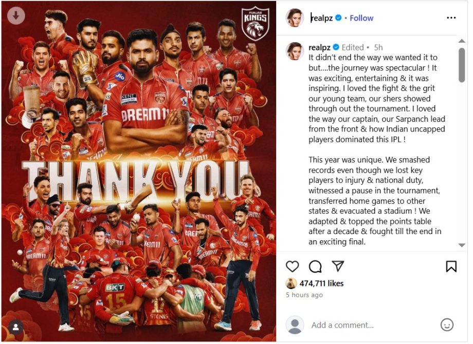 Preity Zinta Feels Proud Of Punjab Kings, Promises To Comeback To Finish The Job 951062