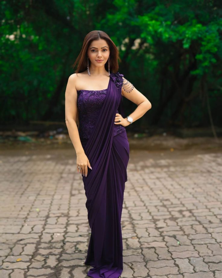 Rubina Dilaik Stuns In Purple Indo-Western Saree, Adds Bold Twist With Corset Crop Blouse Design 954577