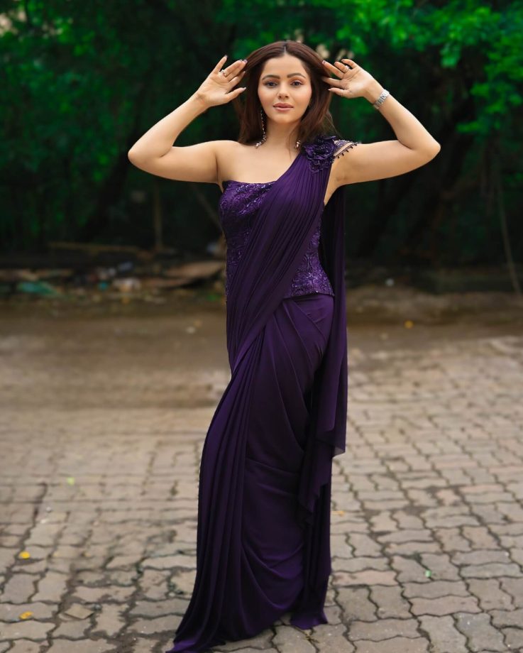 Rubina Dilaik Stuns In Purple Indo-Western Saree, Adds Bold Twist With Corset Crop Blouse Design 954579