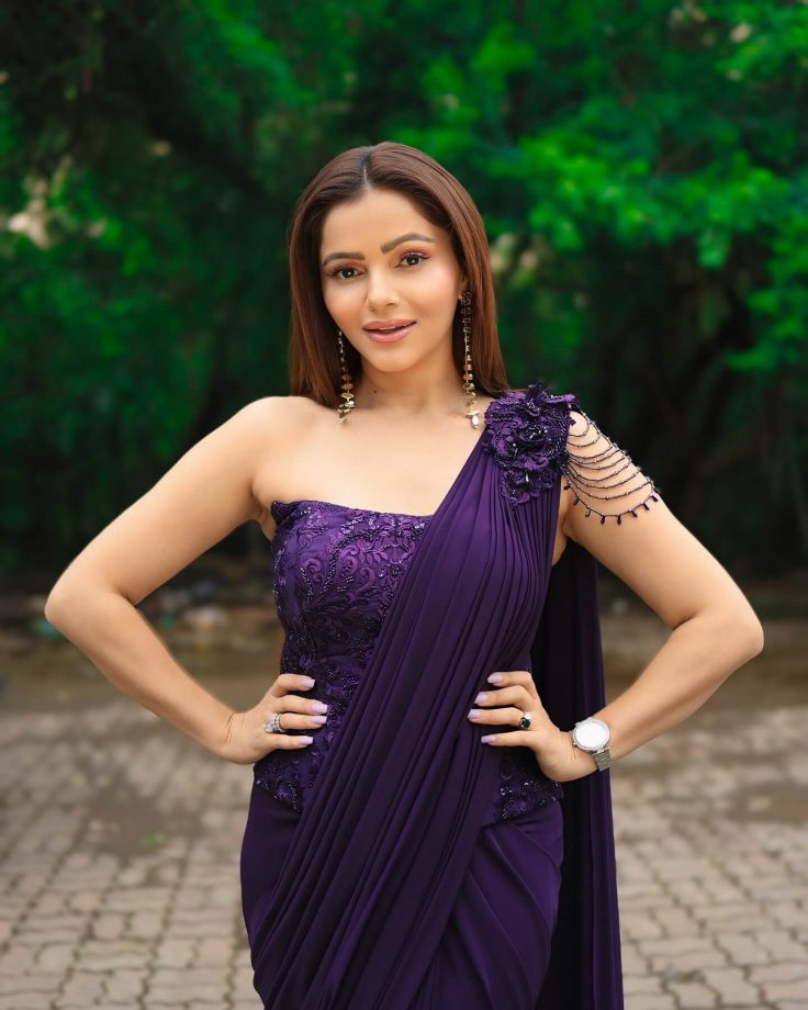 Rubina Dilaik Stuns In Purple Indo-Western Saree, Adds Bold Twist With Corset Crop Blouse Design 954580