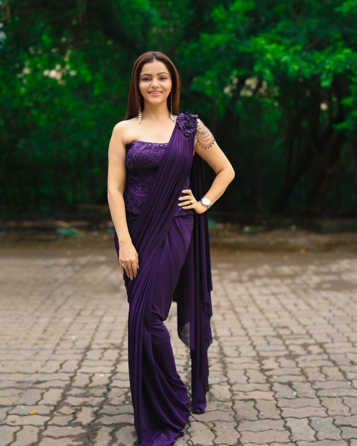 Rubina Dilaik Stuns In Purple Indo-Western Saree, Adds Bold Twist With Corset Crop Blouse Design 954581