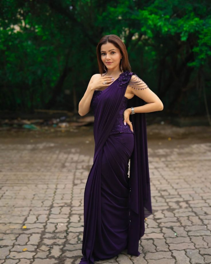 Rubina Dilaik Stuns In Purple Indo-Western Saree, Adds Bold Twist With Corset Crop Blouse Design 954582