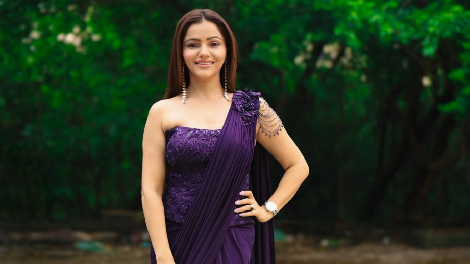 Rubina Dilaik Stuns In Purple Indo-Western Saree, Adds Bold Twist With Corset Crop Blouse Design 954576
