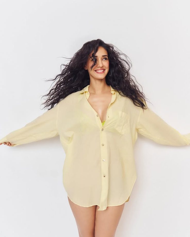 Disha Patani Stuns in Yellow-Lime Shirt Mini Dress 964417