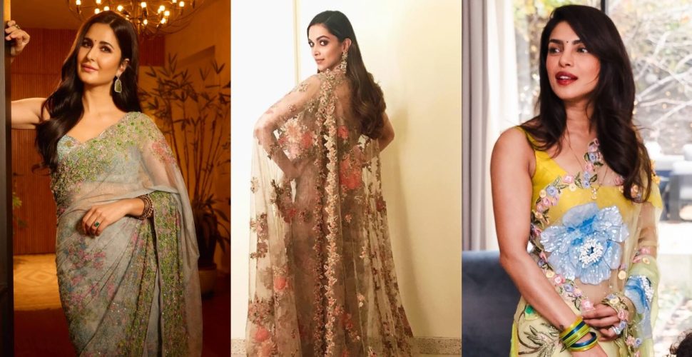 From Katrina Kaif To Deepika Padukone: Bollywood Divas's Obsession With Floral Sequin Designs Tulle Sarees 961107
