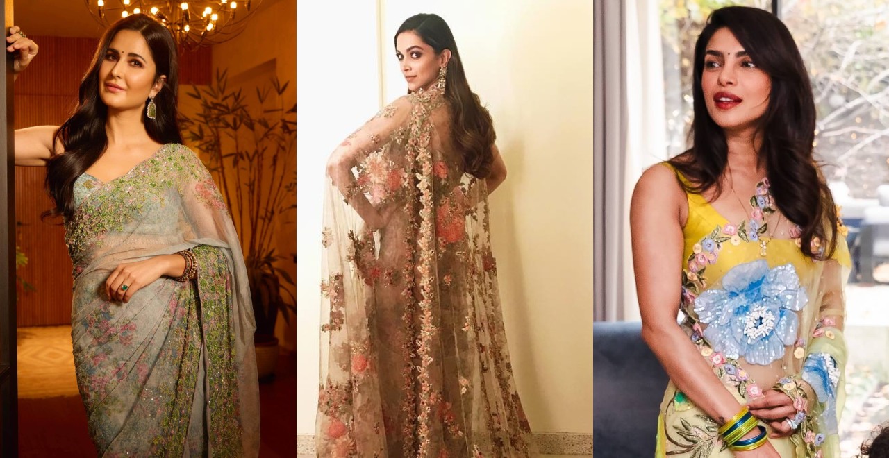 From Katrina Kaif To Deepika Padukone: Bollywood Divas's Obsession With Floral Sequin Designs Tulle Sarees 961107