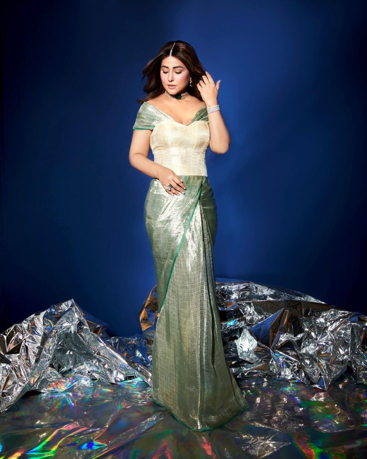 Hina Khan Dazzles in a Stylish Sage Green Saree and off-shoulder blouse 961863