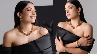 Rashmika Mandanna Dazzles in off-shoulder black gown and Swarovski jewelry