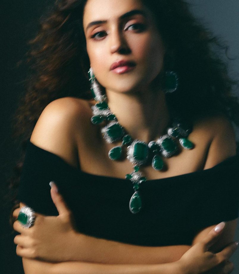 Sanya Malhotra Channels Glam Goth in Off-Shoulder Black Dress with Emerald Accents 960544