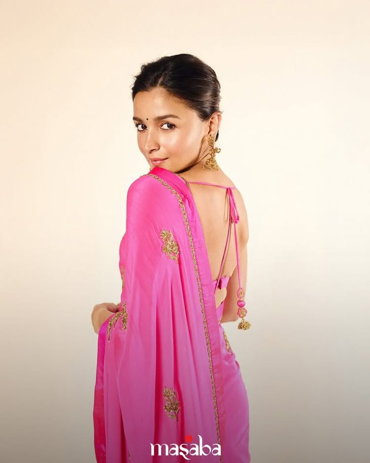 Alia Bhatt Glows In ₹1.75 Lakh Rani Pink Saree, Backless Dori Blouse Steals the Show 966188