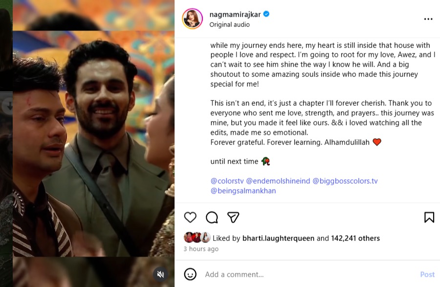 Bigg Boss 19: Nagma Mirajkar Reacts to Eviction with Emotional Instagram Post; Fans Call Decision ‘Unfair’ 968174