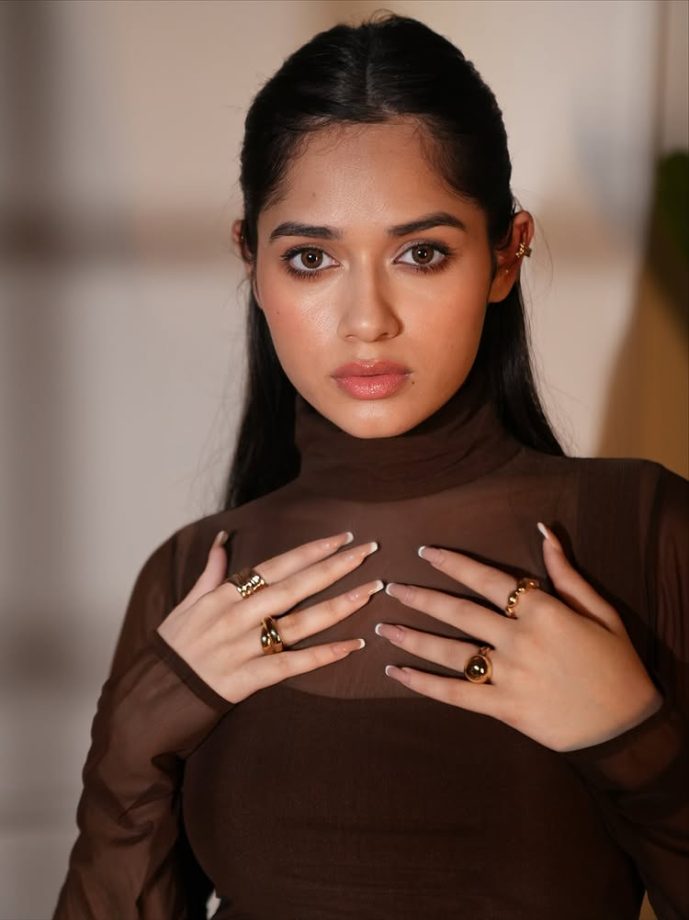 Jannat Zubair Shines in Espresso Elegance Floor-Length Sheer Gown 969380