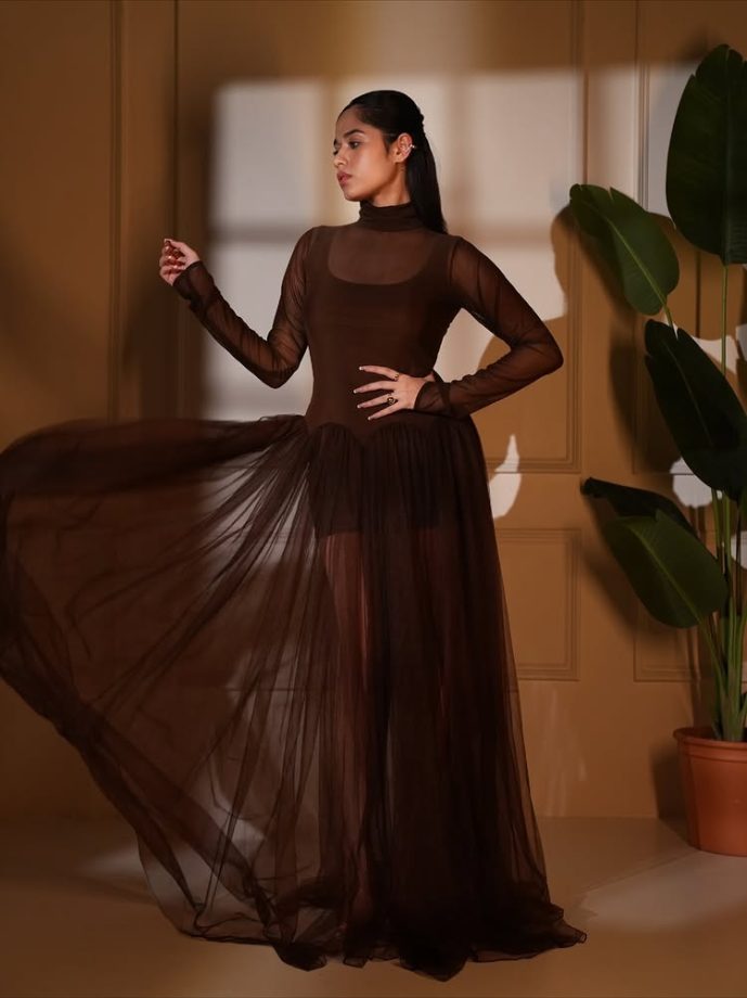 Jannat Zubair Shines in Espresso Elegance Floor-Length Sheer Gown 969382