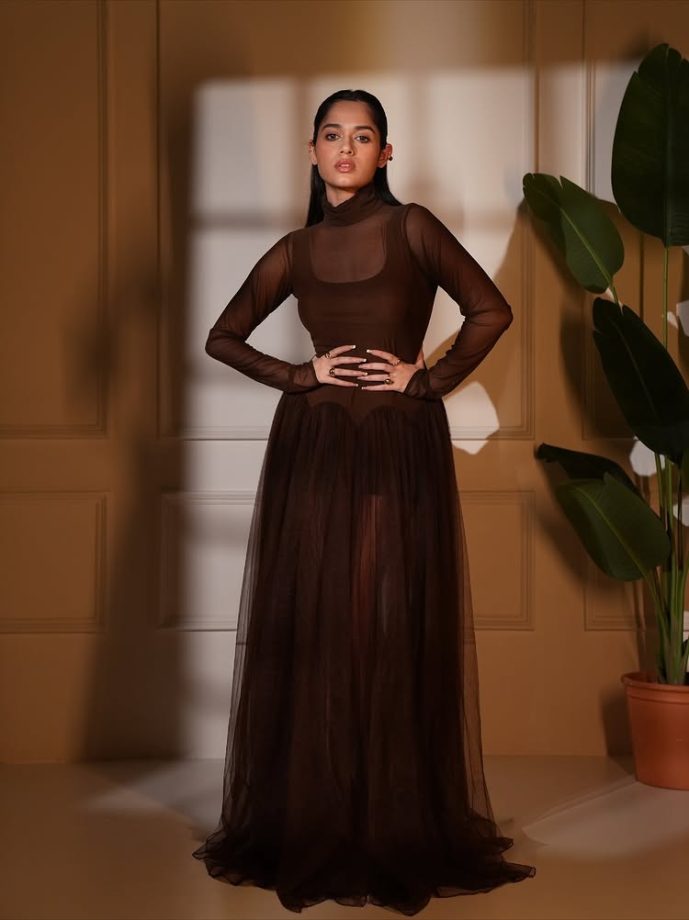 Jannat Zubair Shines in Espresso Elegance Floor-Length Sheer Gown 969384