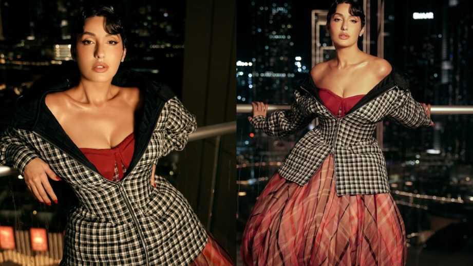 Nora Fatehi Serves High-Fashion Glam in Deep Red Corset and Flowing Skirt 970020