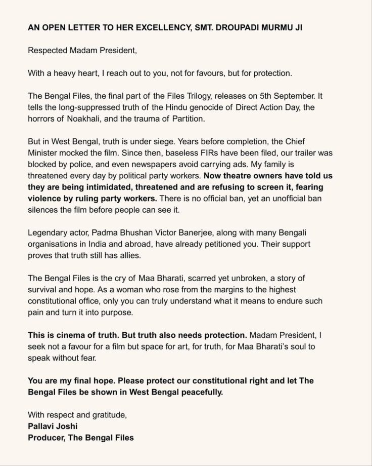 To safeguard her constitutional right, Producer-Actor Pallavi Joshi appeals to the President of India to help her release The Bengal Files in Bengal, amidst multiplex refusal due to political pressure! 966403