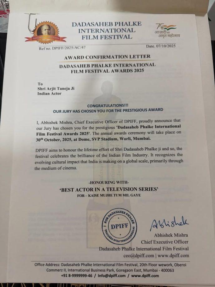 Arjit Taneja Wins Dadasaheb Phalke Award for Best Actor In Television Series for Zee TV’s ‘Kaise Mujhe Tum Mil Gayi’ 974468