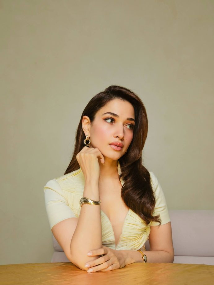 Tamannaah Bhatia Glows in Cream-Yellow Midi Dress 972250