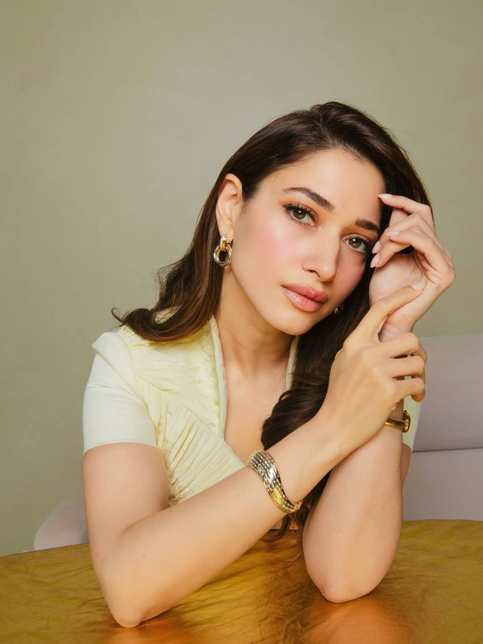 Tamannaah Bhatia Glows in Cream-Yellow Midi Dress 972247