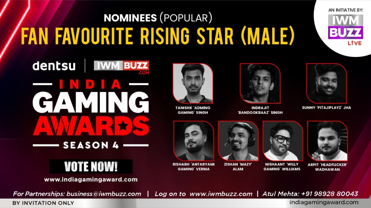 Vote Now: FAN FAVOURITE RISING STAR (MALE)—Tanishk “Admino Gaming” Singh, Indrajit “Bandookbaaz” Singh, Rishabh “Antaryami Gaming” Verma, Zishan “Mazy” Alam, Nishaant “Willy Gaming” Williams, Sunny “PitajiPlayz” Jha, Arpit “Headflicker” Wadhawan