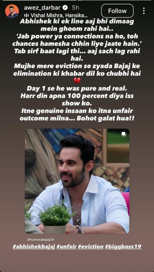 Awez Darbar Calls Abhishek Bajaj's Eviction From Bigg Boss 19 Unfair -
