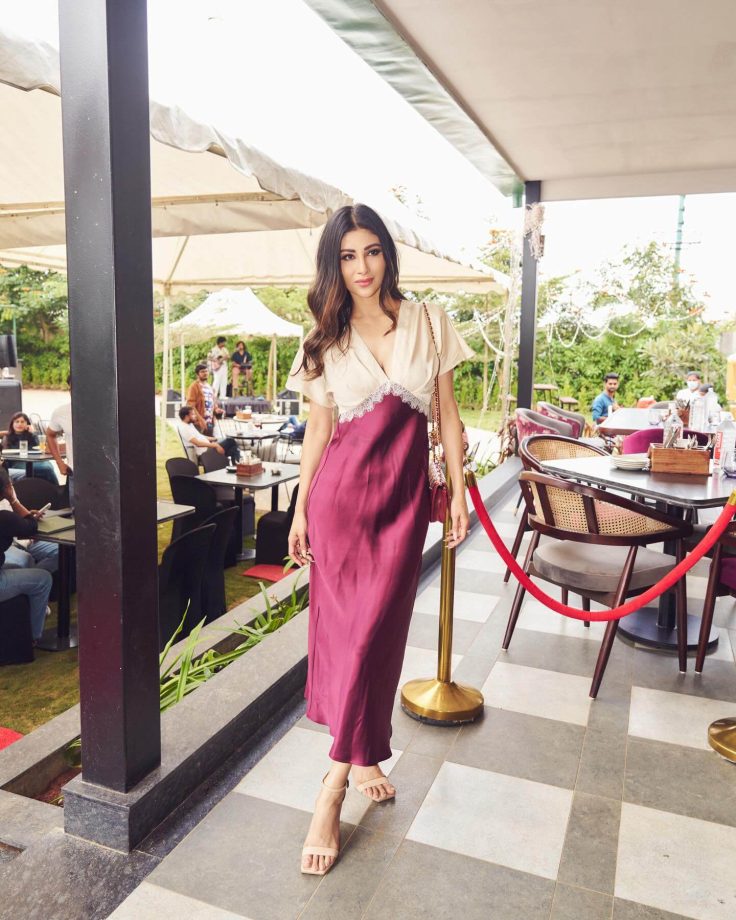 Mouni Roy Exudes Luxe Simplicity in a Cream and Maroon Satin Dress 976335