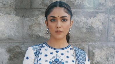 Mrunal Thakur Looks Graceful and Elegant in a White and Blue Traditional Outfit